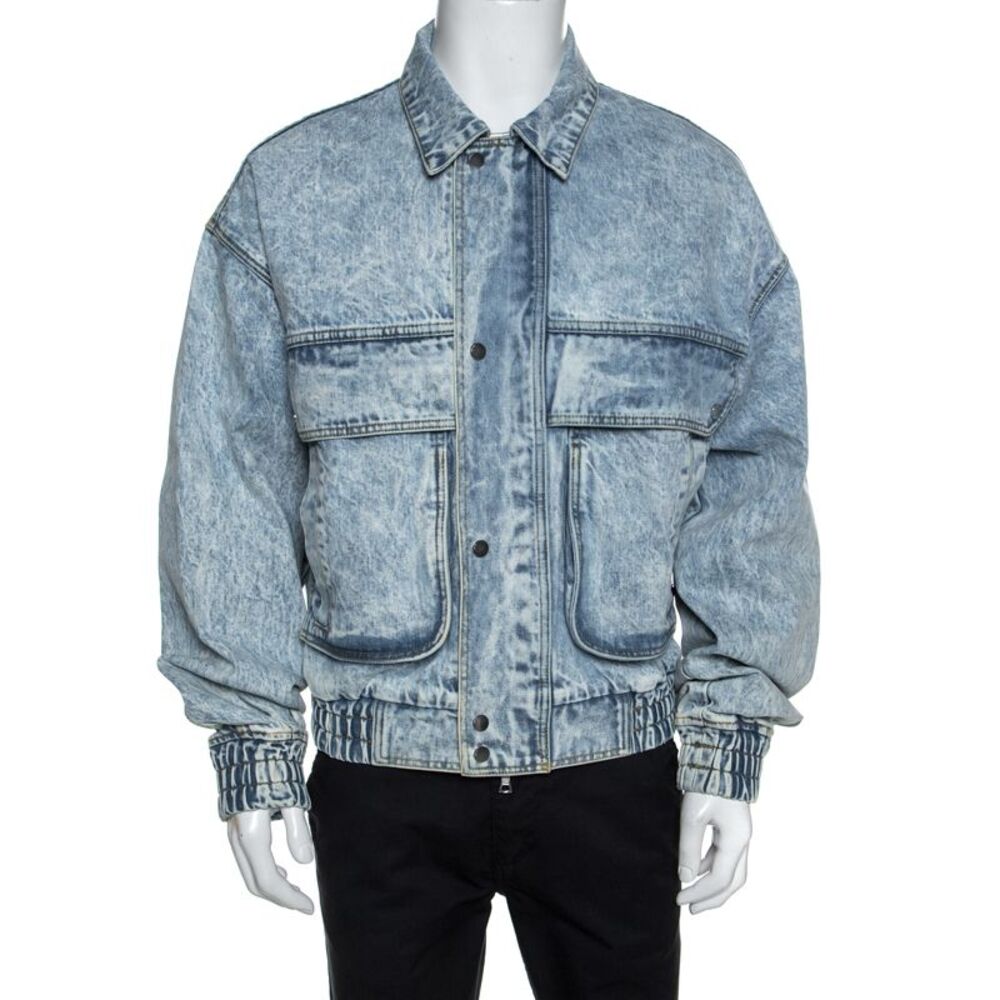 Amiri Blue Acid Washed Denim Zip Front Bomber Jacket S